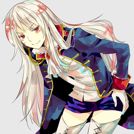 alternate_eye_color, axis_powers_hetalia, blush, boots, cravat, cross-laced_footwear, genderswap, gloves, grey_background, hand_on_hip, hips, jacket, leaning, leaning_forward, long_hair, long_sleeves, lowres, microskirt, military, military_uniform, open_clothes, open_jacket, prussia_(hetalia), red_eyes, scar, shirt, silver_hair, simple_background, skirt, smile, smirk, soldier, solo, thigh-highs, thighhighs, uniform, very_long_hair, washi_(micino), white_gloves, white_shirt, zettai_ryouiki