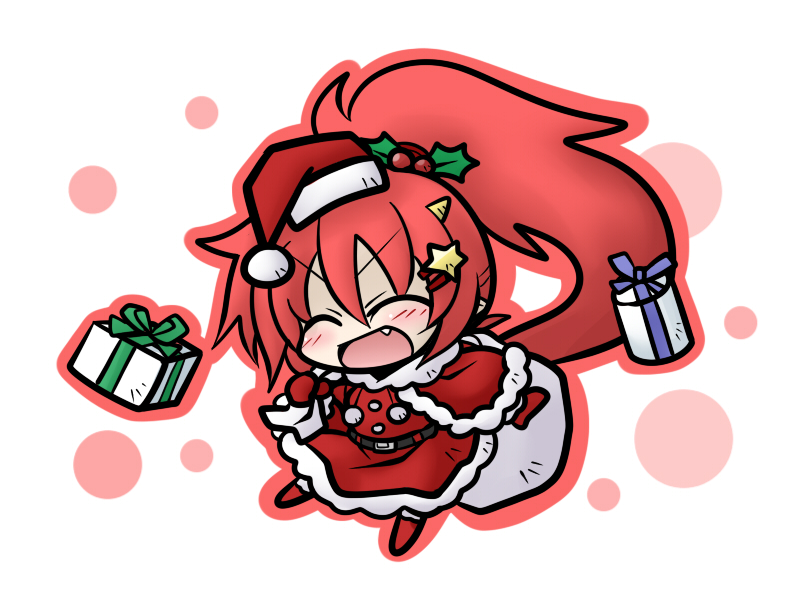 ^_^, blush, chibi, closed_eyes, eyes_closed, fang, gift, hair_between_eyes