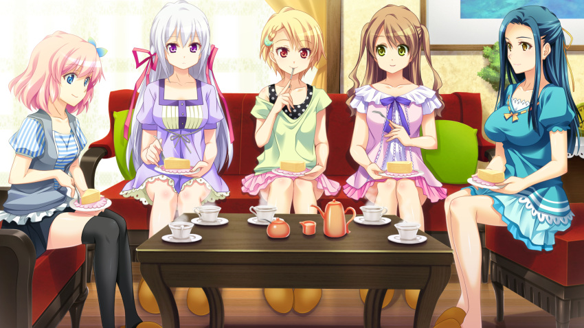 5girls, black_legwear, blue_eyes, bomi, brown_hair, dress, eating, food