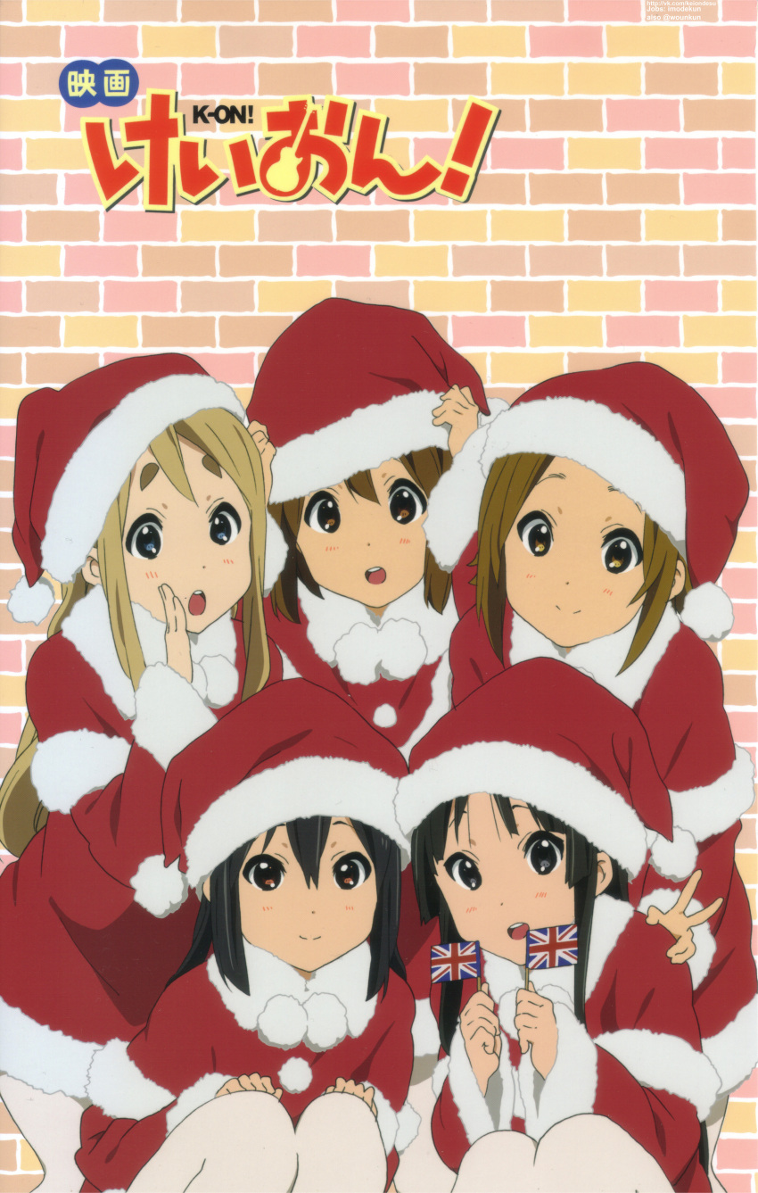 absurdres, akiyama_mio, brick, brick_wall, bricks, christmas, hat, highres, hirasawa_yui, k-on!, k-on!_movie, kotobuki_tsumugi, movie, multiple_girls, nakano_azusa, original, pantyhose, santa_hat, tainaka_ritsu, union_jack, white_legwear
