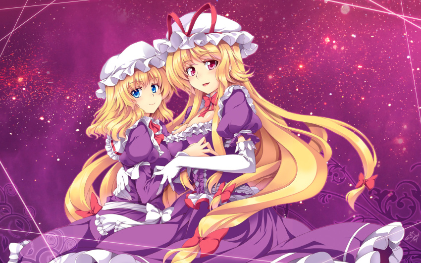 blonde_hair, blue_eyes, bow, breasts, cleavage, corset, dress, elbow_gloves