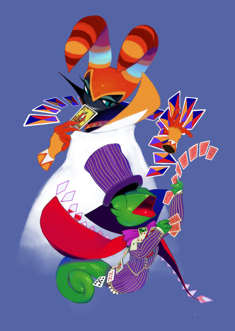 back_to_back, blue_eyes, bowtie, cape, cards, chamelan, chameleon, gloves, grin, hat, invisible, jackle, jester_hat, jewel, mantle, nights_into_dreams, nights_journey_of_dreams, open_mouth, sega, simple_background, tarot