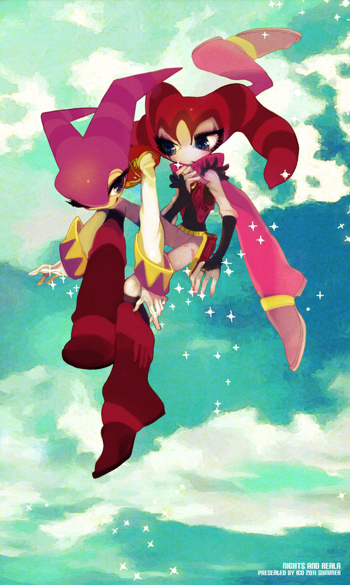 alternate_outfit, blue_eyes, clouds, flying, jester, jester_hat, nail_polish, nights