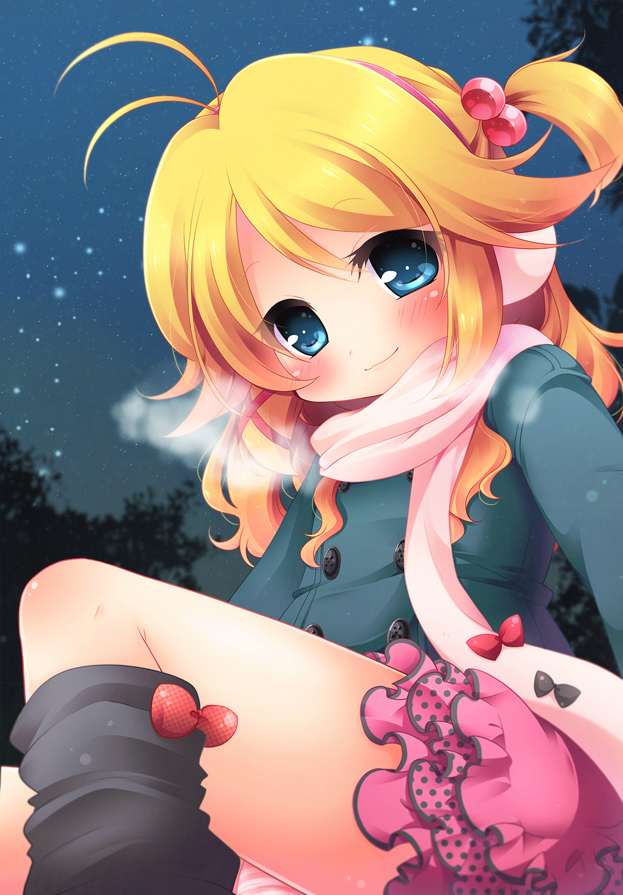 ahoge, bad_id, blonde_hair, blue_eyes, blush, breath, coat, crossdressinging