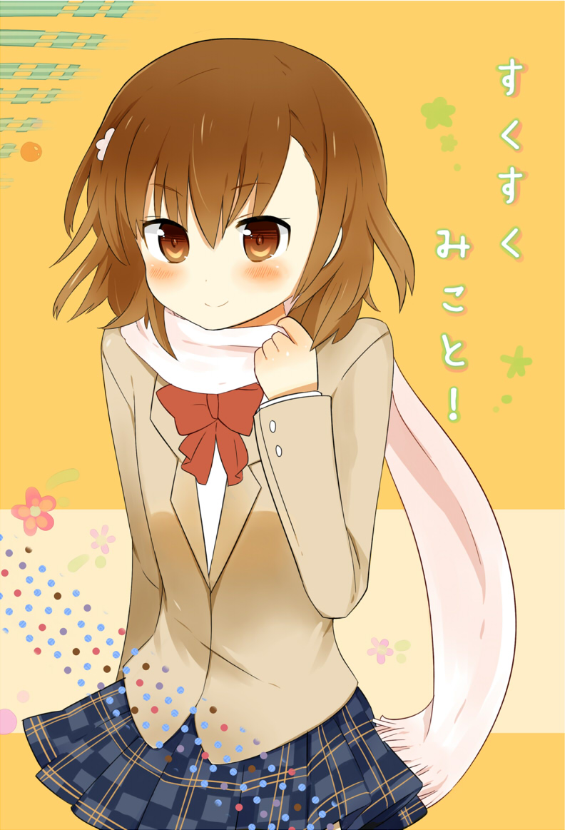 brown_eyes, brown_hair, hair_ornament, hairpin, jenie, misaka_mikoto, scarf, school_uniform