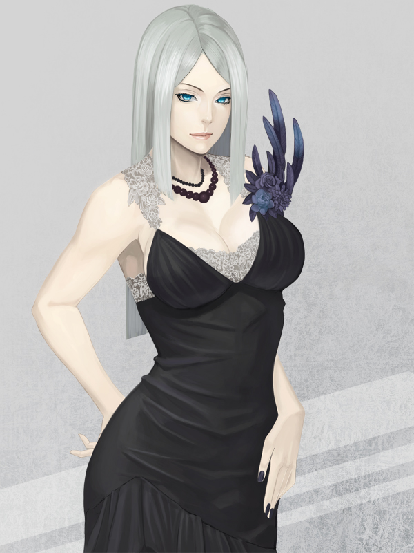 artist_request, black_dress, black_nails, black_rose, blue_eyes, border_break, breasts, character_request, cleavage, daglasses, dress, flower, grey_background, hitori_doumei, jewelry, large_breasts, long_hair, nail_polish, necklace, rose, silver_hair, solo, source_request, white_hair