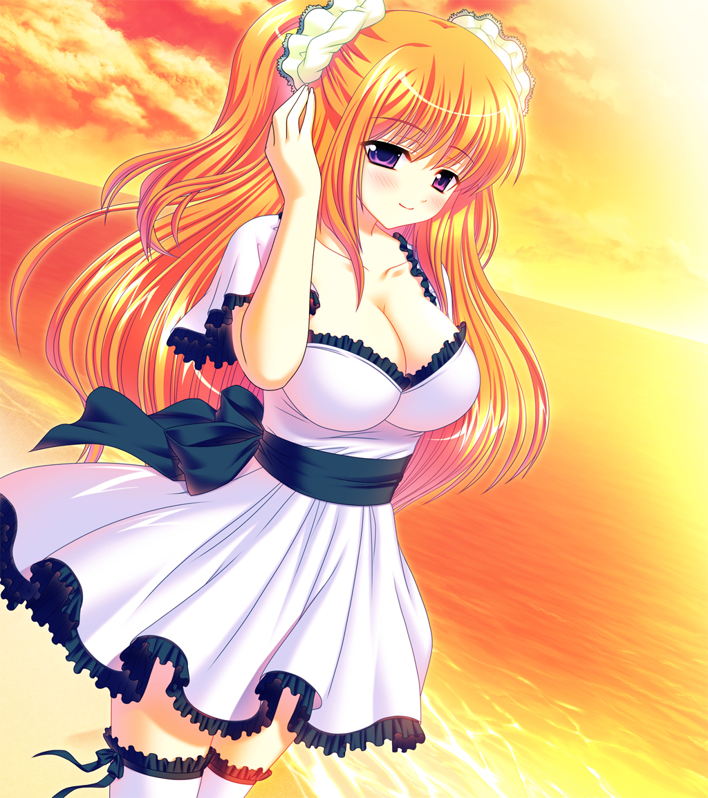 blush, breasts, cleavage, dress, dutch_angle, large_breasts, little_rabbits, long_hair, nanami_ayane, orange_background, orange_hair, purple_eyes, smile, sunset, thigh-highs, thighhighs, two_side_up, white_dress, white_legwear