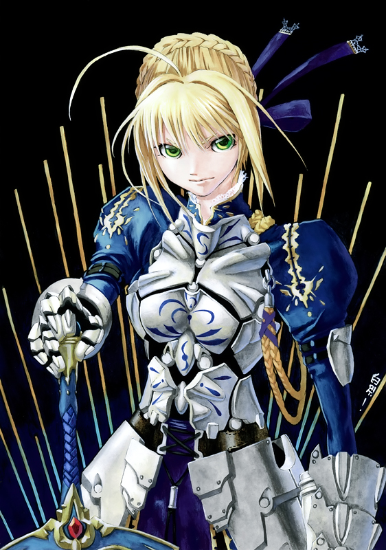 adapted_costume, ahoge, armor, armored_dress, baiyong, blonde_hair, dress, excalibur