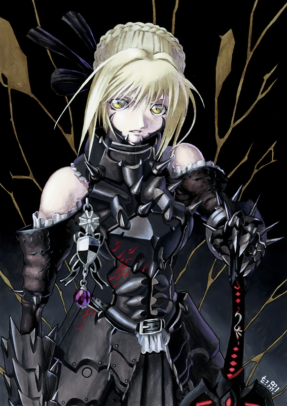 adapted_costume, armor, armored_dress, baiyong, bare_shoulders, blonde_hair, dress, fate/stay_night, fate_(series), gauntlets, hair_ribbon, pale_skin, ribbon, saber, saber_alter, solo, sword, weapon, yellow_eyes