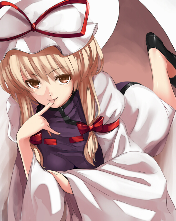 1girl, blonde_hair, brown_eyes, cleavage, dress, finger_to_lips, finger_to_mouth, hair_ribbon