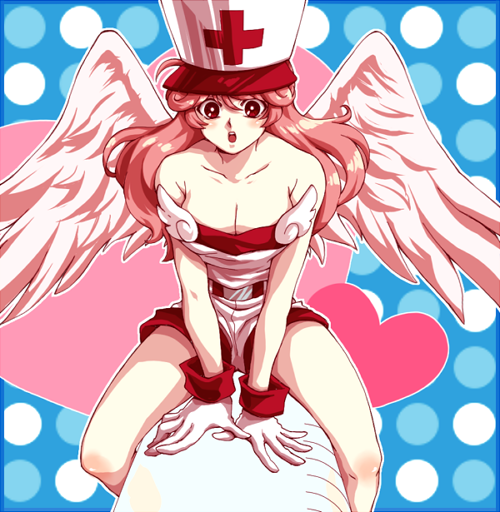 background, bad_id, bare_shoulders, big_breasts, big_wings, blush, breasts, cap, cross, eyes, fairy, gloves, hair, hat, heart, hearts, huge_wings, injection_fairy_lily, large_syringe, legs, long_hair, neck, nurse, nurse_cap, nurse_hat, nurse_outfit, open_mouth, outfit, oversized_object, pink_hair, red_cross, red_eyes, redhead, shorts, syringe, teeth, tongue, white_cap, white_hat, wings, yu-gi-oh!, yuu-gi-ou, yuu-gi-ou_duel_monsters