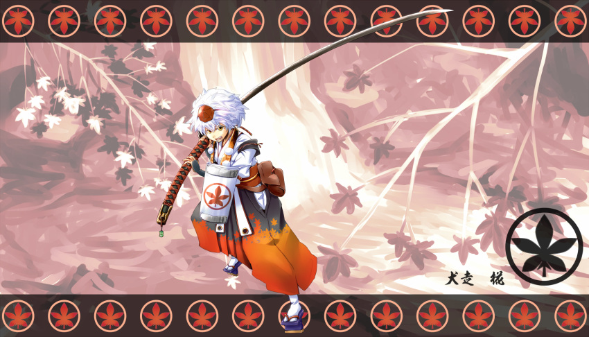 alternate_weapon, bag, breasts, brown_eyes, gauntlets, geta, hakama, hat