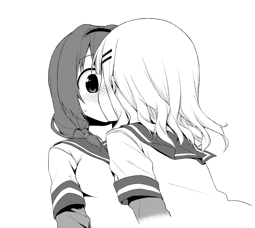 blush, braid, furutani_himawari, hair_ornament, hairband, hairclip, kinniku_tarou, kiss