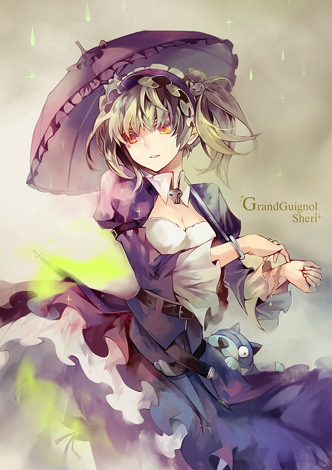 bad_id, belt, blonde_hair, dress, fori, gothic_lolita, headdress, lolita_fashion, parasol, sheri, short_hair, solo, stuffed_animal, stuffed_toy, umbrella, unlight, water_drop, yellow_eyes