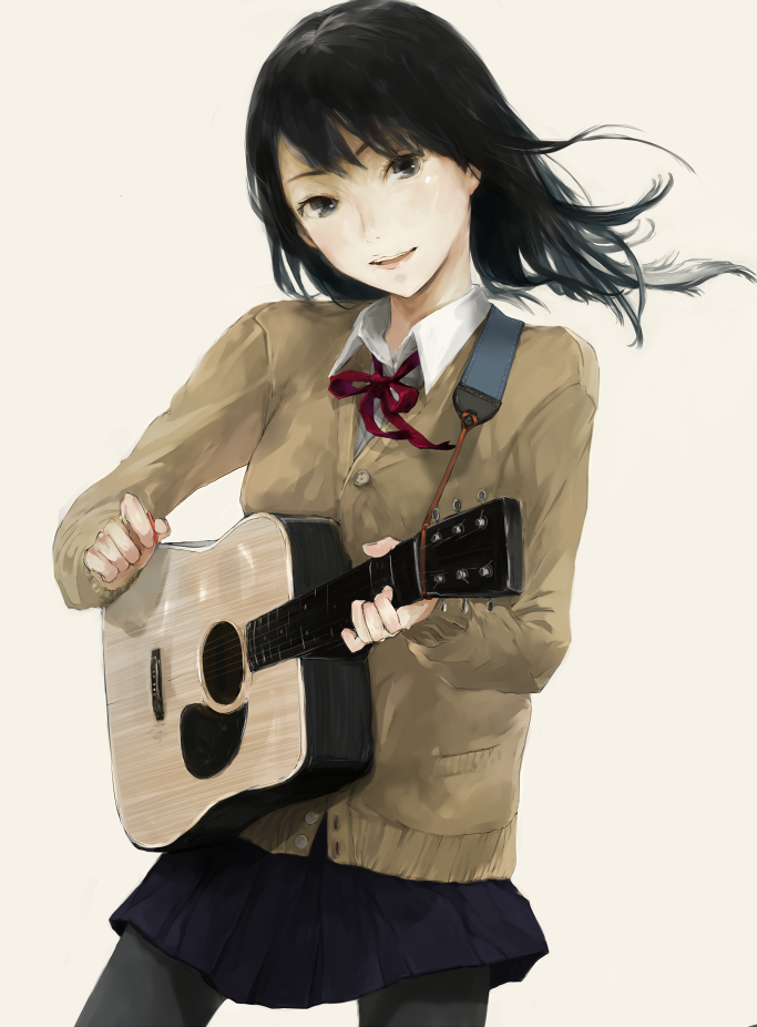 black_hair, bow, guitar, instrument, nimirom, original, pantyhose, ribbon