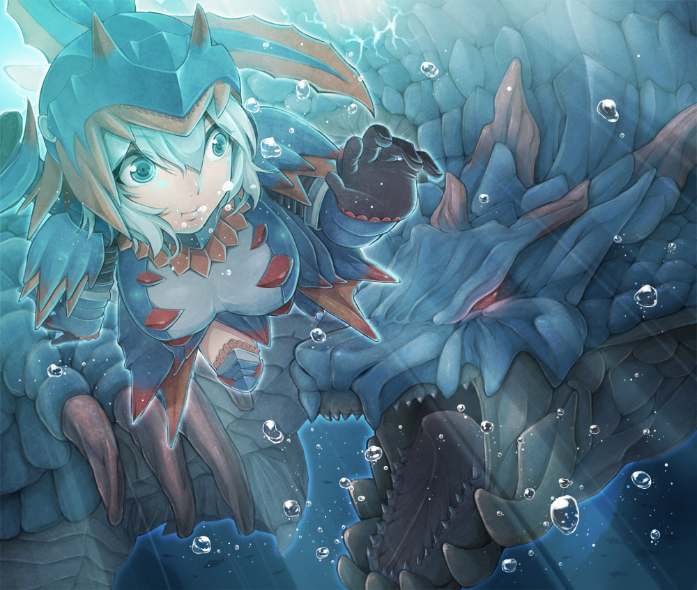 aqua_eyes, aqua_hair, armor, bad_id, bubble, capcom, freediving, glowing