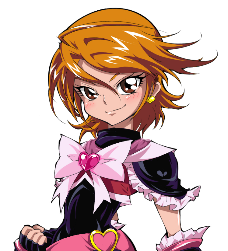 bow, brown_eyes, brown_hair, clenched_hand, cure_black, earrings, fingerless_gloves, fist