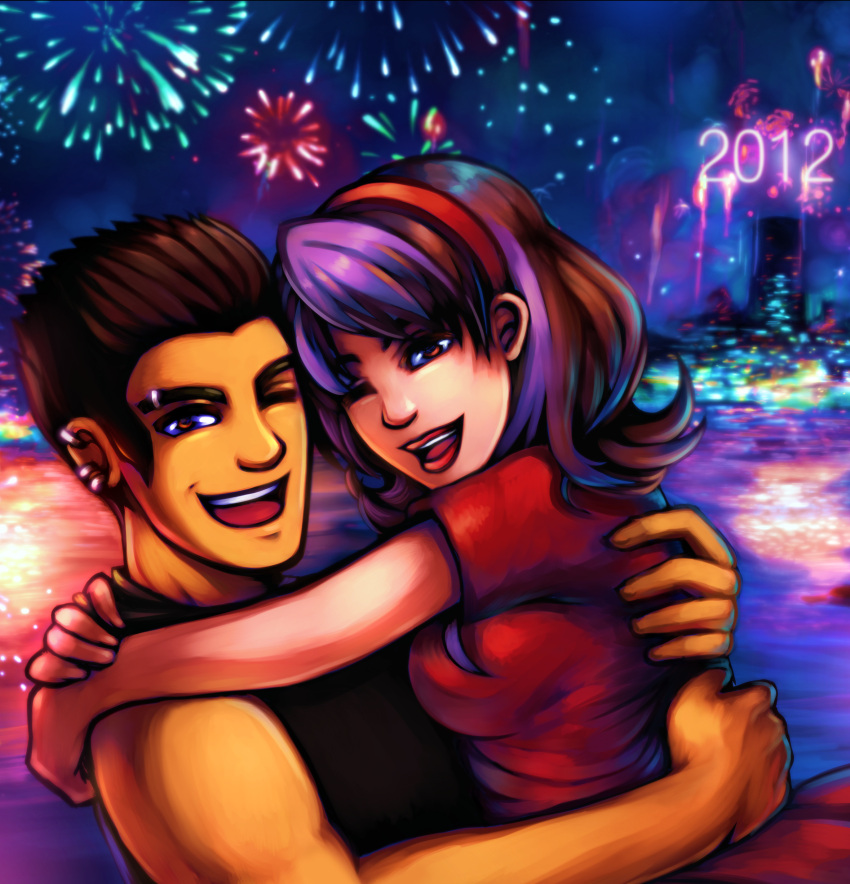 absurdres, bare_shoulders, brown_eyes, brown_hair, colorful, colt_warren, couple, denni_fallon, fireworks, hug, male, multicolored_hair, new_year, piercing, purple_hair, short_hair, signomi, smile, surviving_high_school, wink