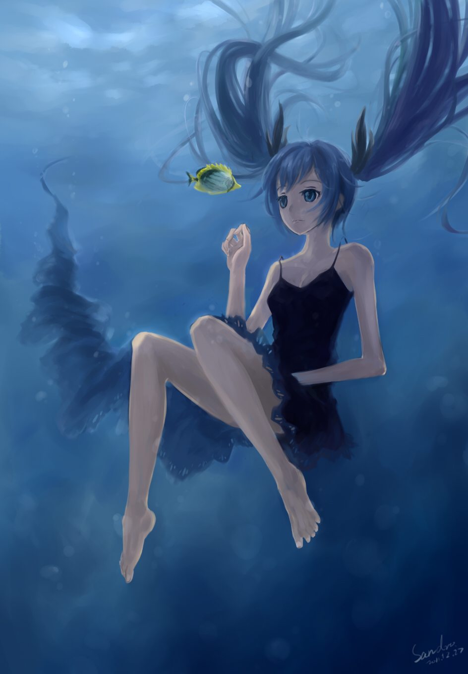 barefoot, blue_eyes, blue_hair, dress, feet, fish, floating_hair, hatsune_miku
