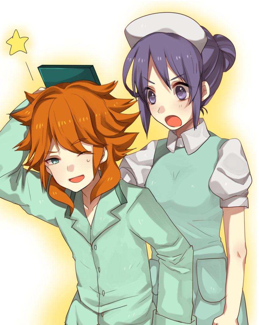 1girl, amemiya_taiyou, blue_eyes, clipboard, hair_bun, hat, highres, holding
