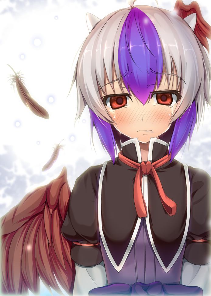 blue_hair, blush, bust, feathers, head_wings, hinami, hinami_(hinatamizu), horns