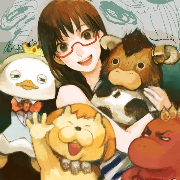 beelzebub_(azazel-san), brown_hair, crown, glasses, horns, moloch, sakuma_rinko, salamander_(azazel-san)