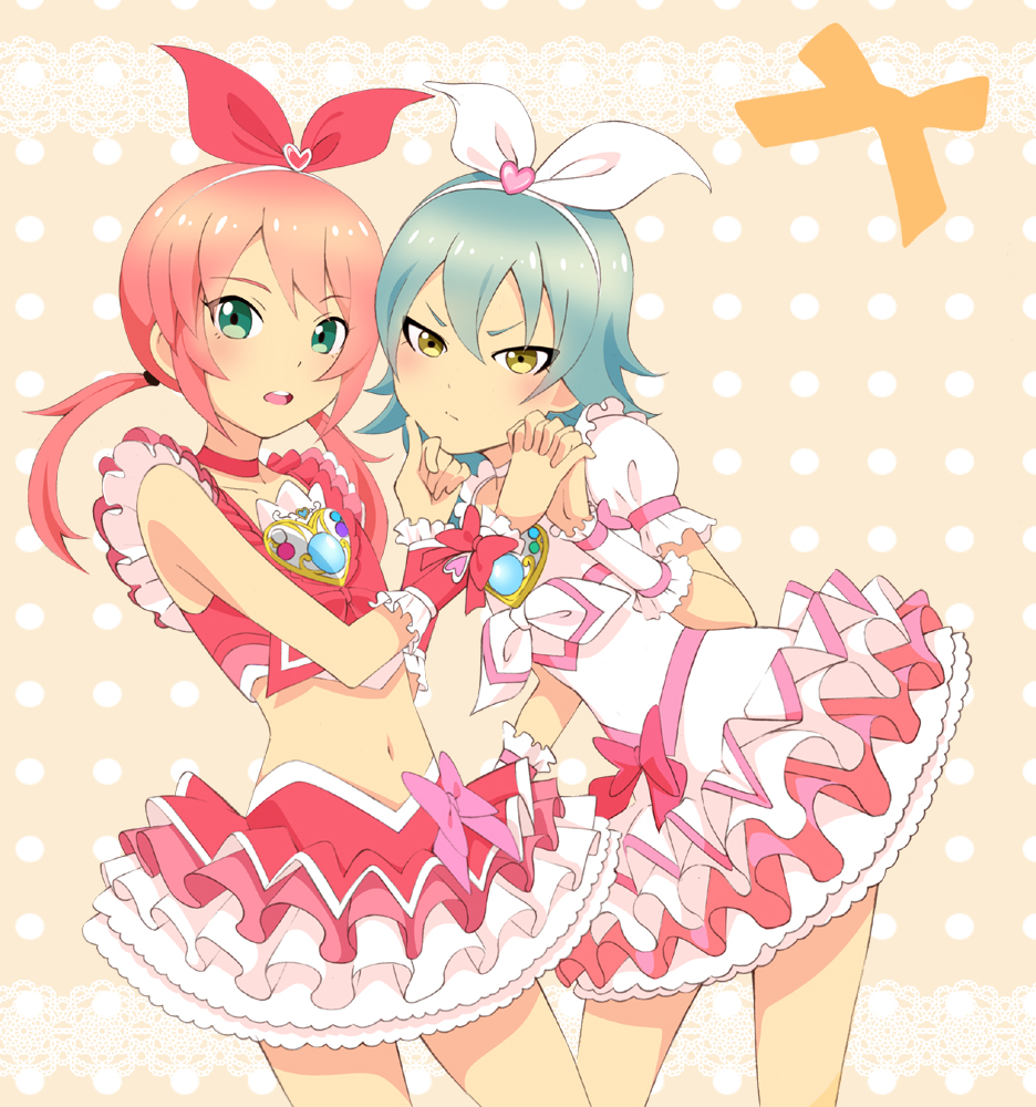 blush, choker, cosplay, cure_melody, cure_melody_(cosplay), cure_rhythm, cure_rhythm_(cosplay), green_eyes