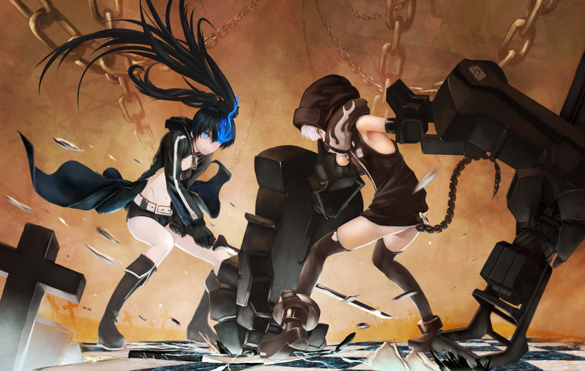 battle, bikini_top, black_hair, black_rock_shooter, black_rock_shooter_(character), blue_eyes, boots, cannon
