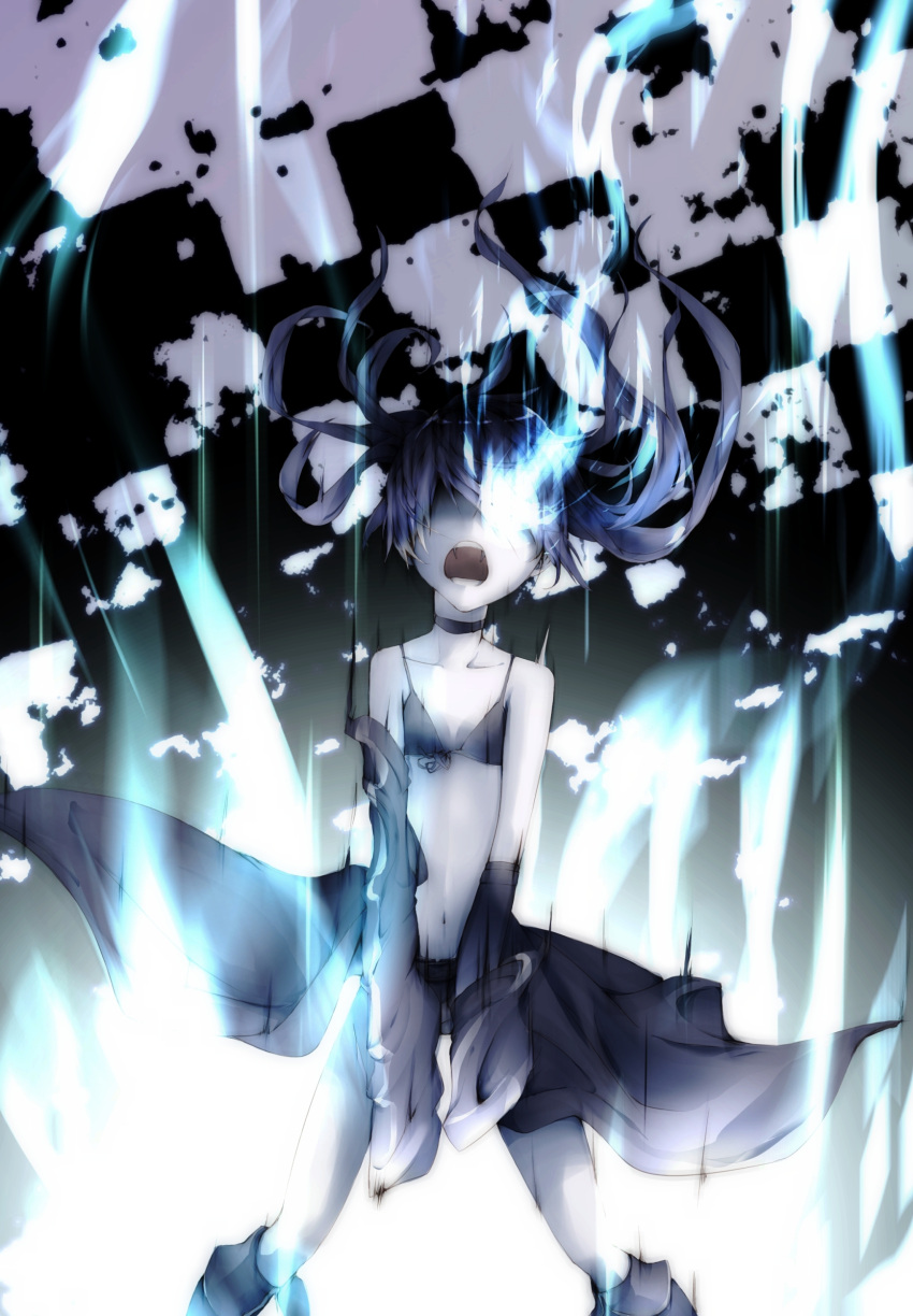 absurdres, aura, bikini_top, black_hair, black_rock_shooter, black_rock_shooter_(character), boots, checkered