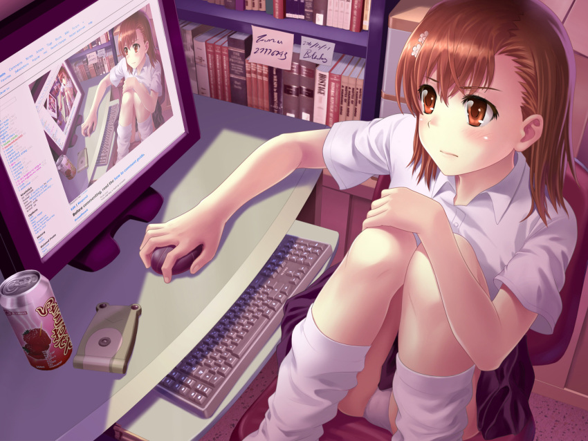 blush, brown_eyes, brown_hair, computer, danbooru_(site), english, highres, leg_warmers