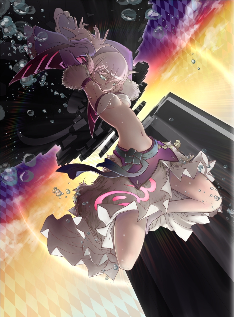 armpits, arms_up, asymmetrical_clothes, bandeau, barefoot, breasts, bubble, checkered