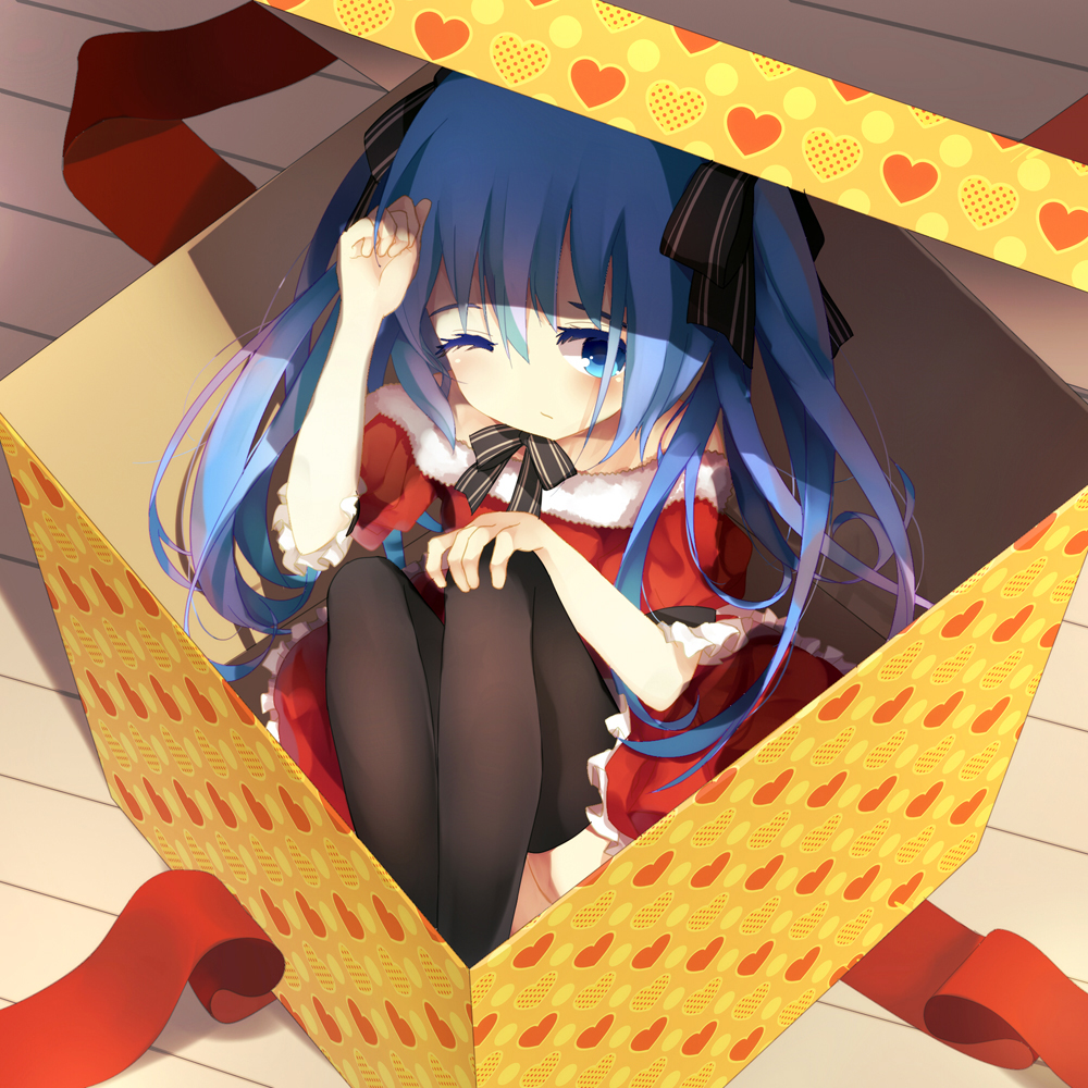 aqua_eyes, aqua_hair, bisonbison, box, christmas, gift, girl_in_a_box, hair_ribbon