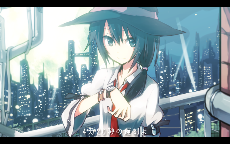 bad_id, black_hair, cityscape, dress_shirt, hat, letterboxed, long_hair, necktie