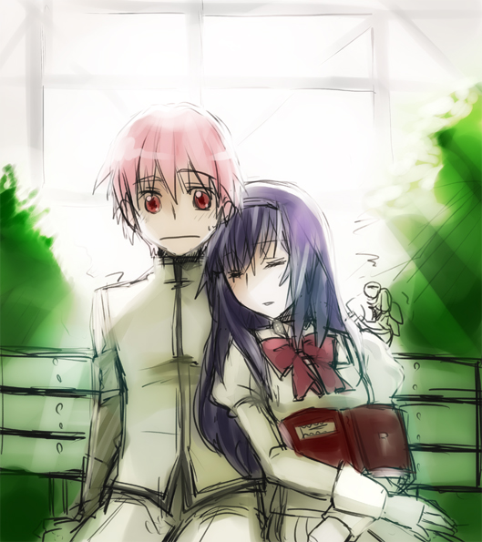 1girl, akemi_homura, bench, book, bow, closed_eyes, couple, eyes_closed