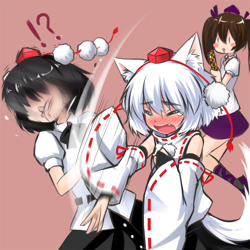 3girls, animal_ears, bare_shoulders, black_hair, blush, blush_stickers, brown_hair, closed_eyes