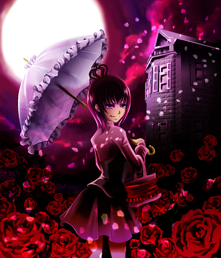 flower, moon, rose, rouge_(artist), umbrella, umineko_no_naku_koro_ni, ushiromiya_maria