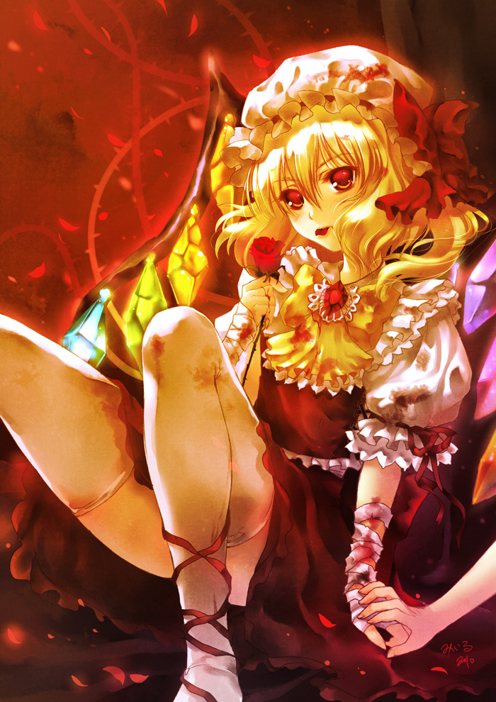ascot, bad_id, bandage, bandages, blonde_hair, blood, brooch, flandre_scarlet