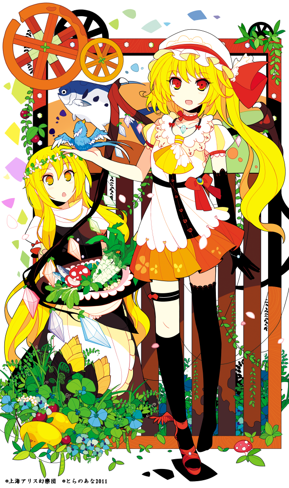 alternate_costume, bird, bird_on_hand, black_legwear, blonde_hair, choker, elbow_gloves, fish
