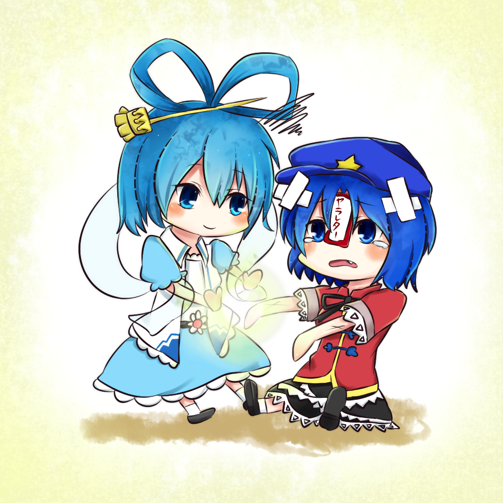 bandaid, blue_eyes, blue_hair, chibi, dress, fang, flower, hair_rings