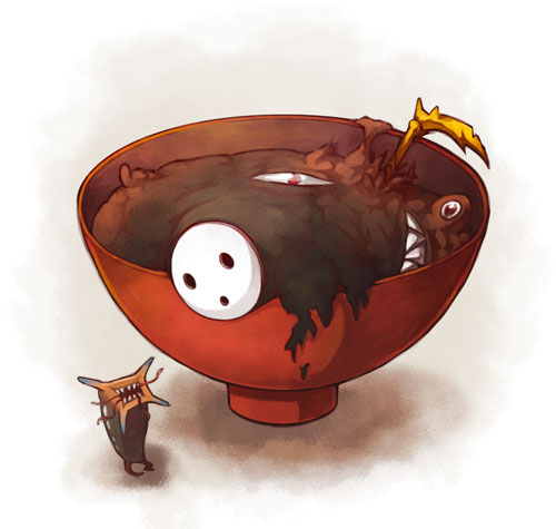 blazblue, bowl, food, kainou, lowres, mask, solo, soup