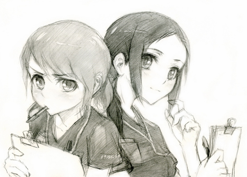 annoyed, code_blue, graphite_(medium), hiyama_mihoko, kisetsu, mouth_hold, multiple_girls, pen