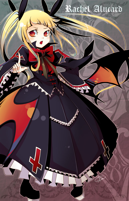 blazblue, blonde_hair, character_name, cika_(keiko_sakurai), gothic_lolita, lolita_fashion, rachel_alucard, red_eyes, solo, twintails, vampire, wings
