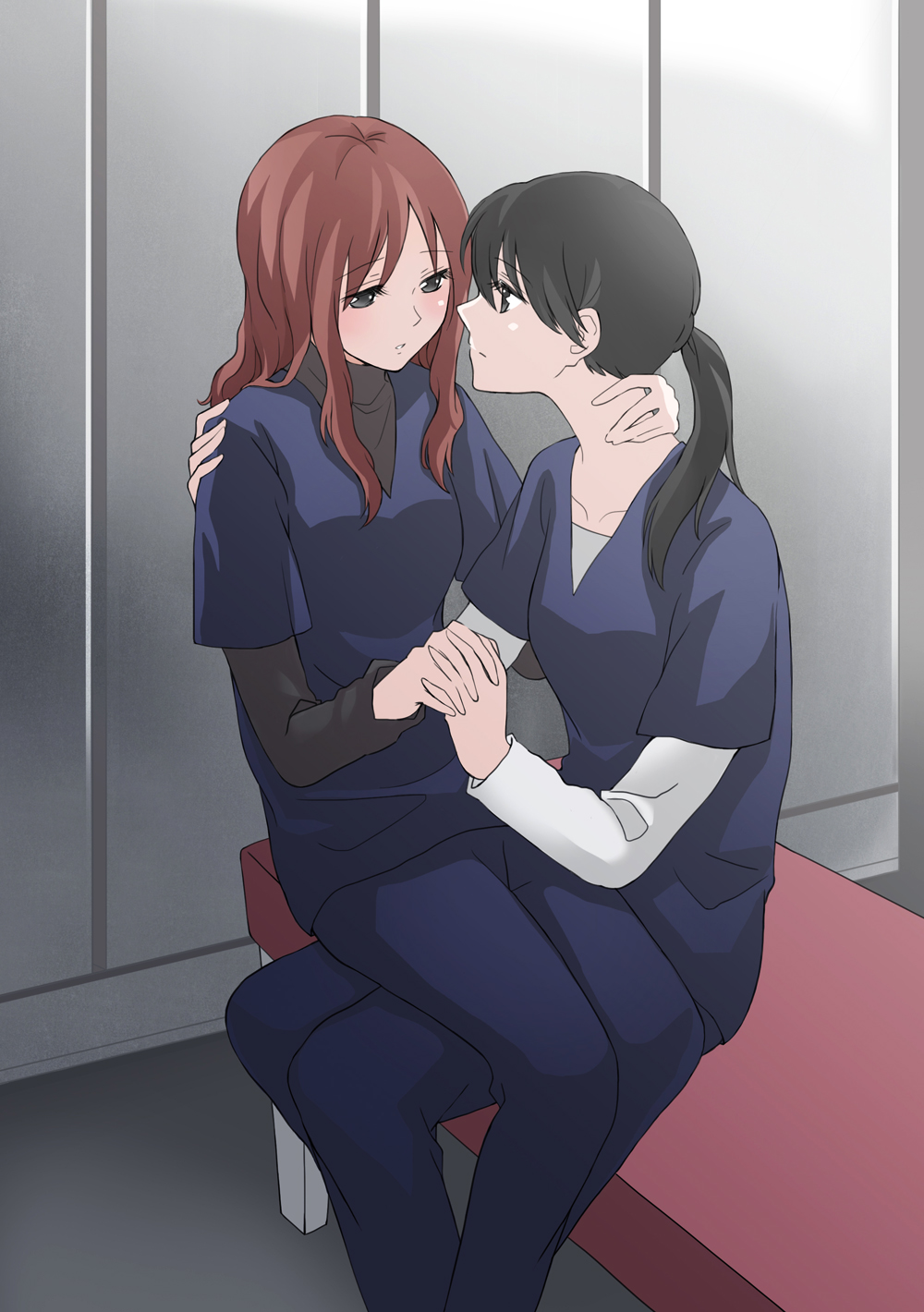 black_eyes, black_hair, blush, code_blue, eye_contact, highres, hiyama_mihoko, kanata_(sentiment)