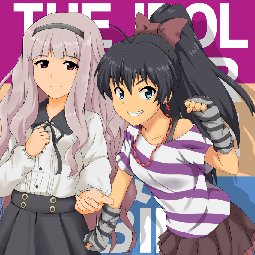 ahoge, antenna_hair, black_hair, blue_eyes, collar, earrings, fingerless_gloves, ganaha_hibiki