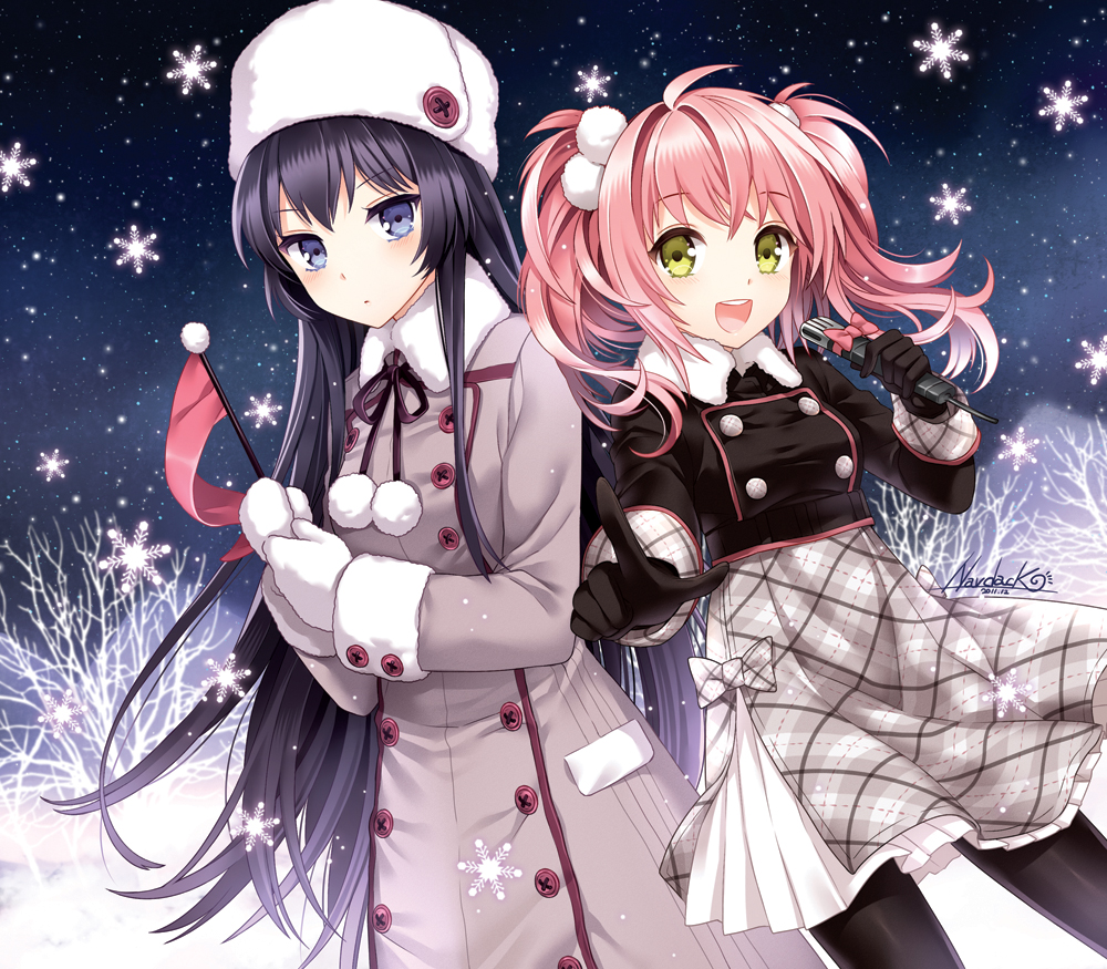 :d, black_hair, black_legwear, blue_eyes, blush, coat, flag, gloves