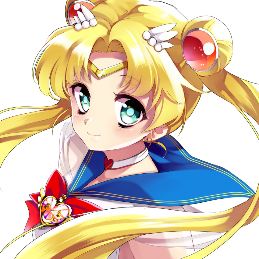 bishoujo_senshi_sailor_moon, blonde_hair, choker, double_bun, face, green_eyes, heart, highres, kara_hayashi, kurabayashi, long_hair, looking_at_viewer, magical_girl, sailor_collar, sailor_moon, simple_background, smile, solo, super_sailor_moon, tiara, tsukino_usagi, twintails, uniform, white_background