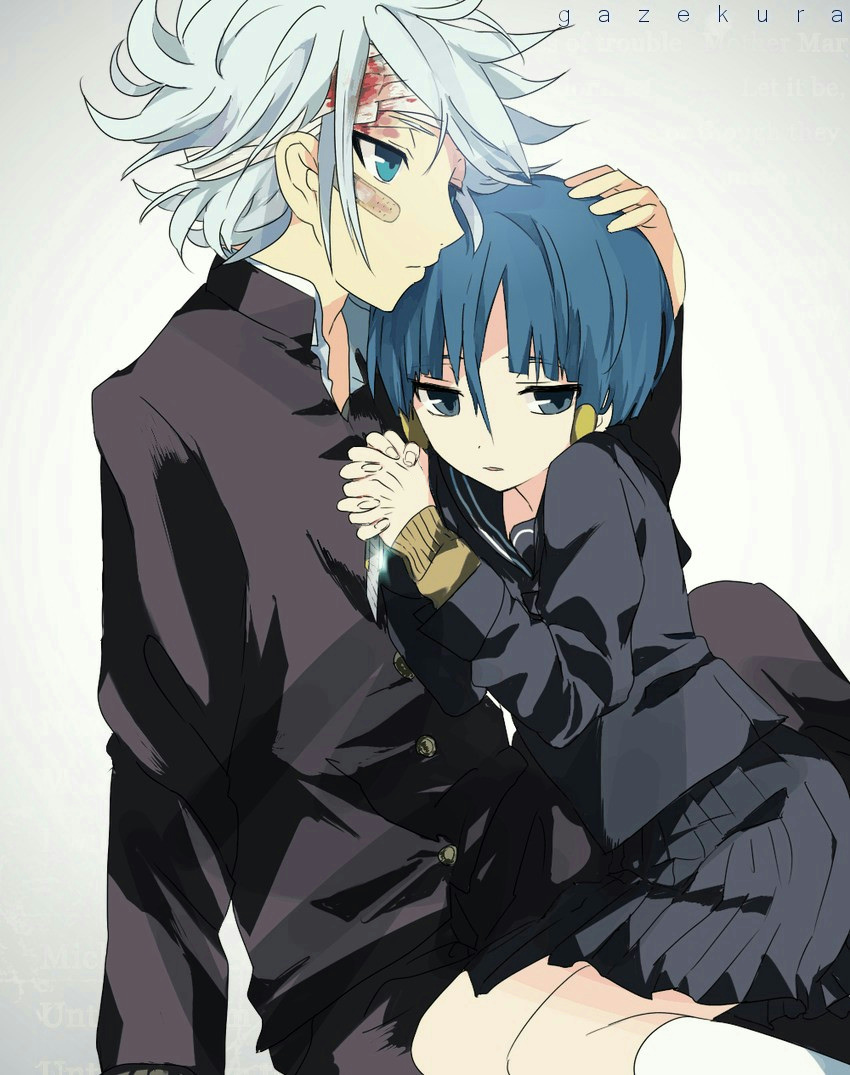 1girl, bad_id, bandage, bandages, blood, blue_eyes, blue_hair, inazuma_eleven