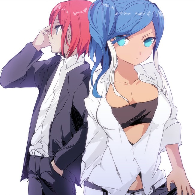 1girl, bad_id, blue_eyes, blue_hair, breasts, formal, inazuma_eleven, inazuma_eleven_(series), kiyama_hiroto, large_breasts, long_hair, multicolored_hair, short_hair, suit, urubida, white_hair, yagami_reina, yo_yuma