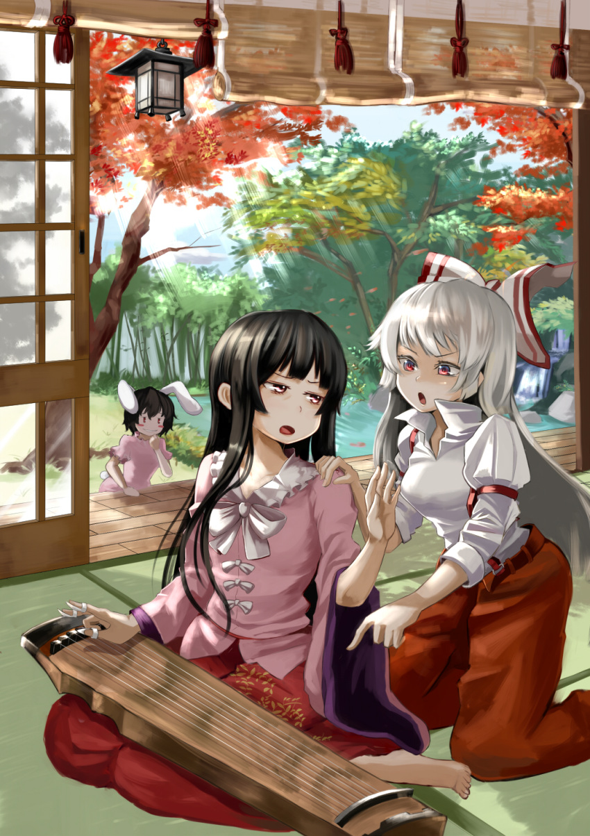 animal_ears, annoyed, barefoot, black_hair, blush_stickers, bow, bunny_ears, emerane