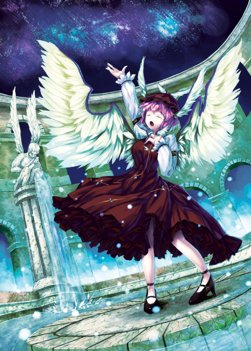 animal_ears, arch, arm_up, brown_dress, closed_eyes, danbo_(rock_clime), dress, eyes_closed